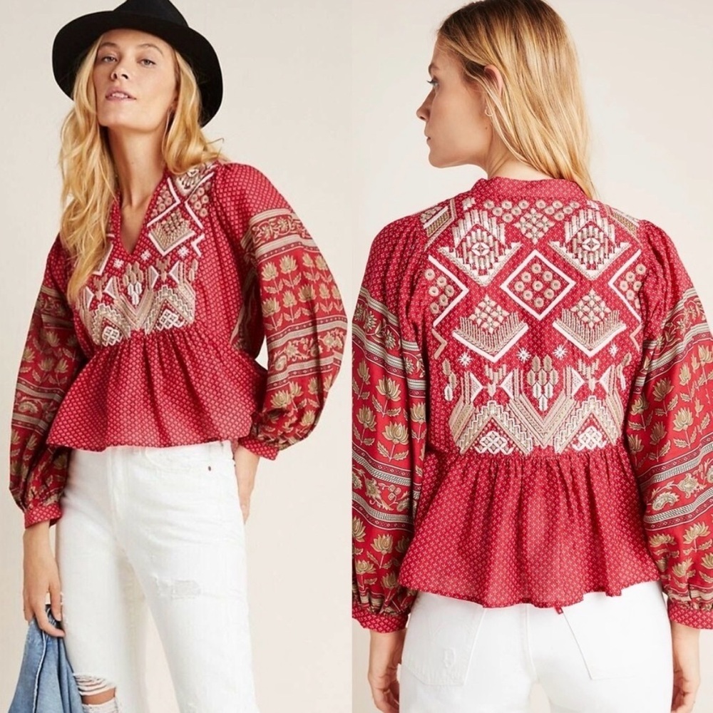 By Anthropologie Keira
Embroidered Peplum Blouse
Top V-Neck Boho in Red Size 10